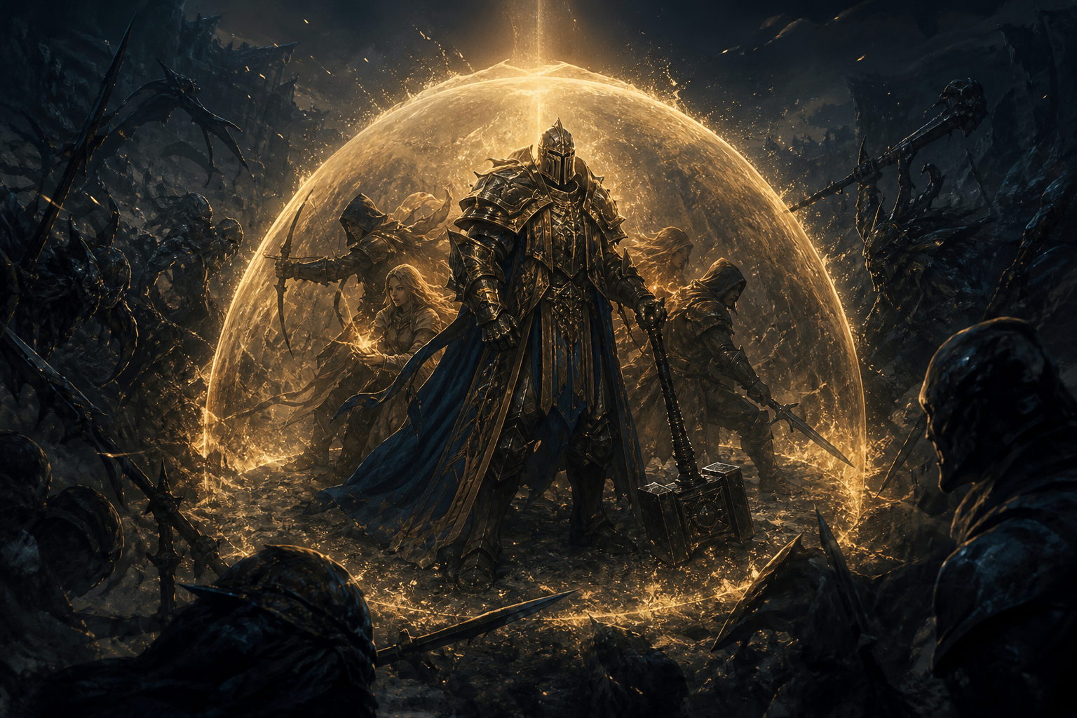 Holy Paladin in gold-lit armour holding a radiant shield